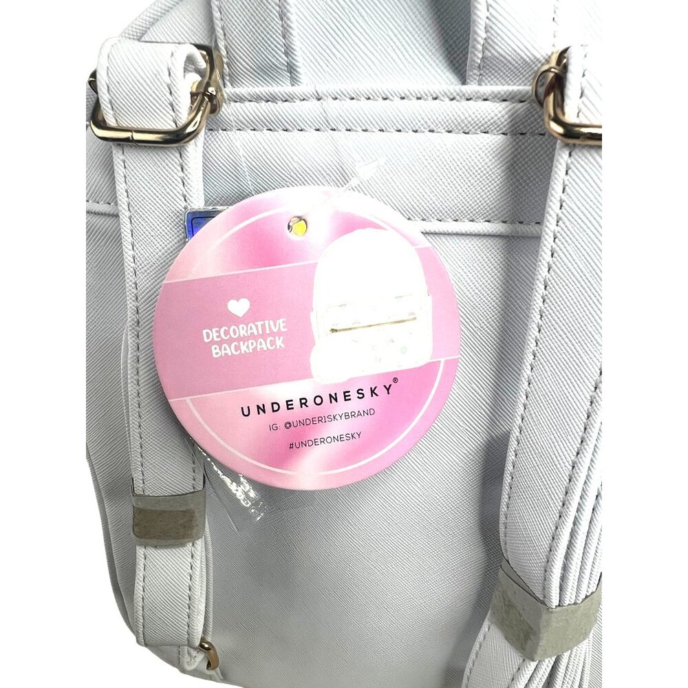 Under One Sky Decorative White Backpack Cute Cat & Flower Print Pom Pom Accent - Picture 8 of 11